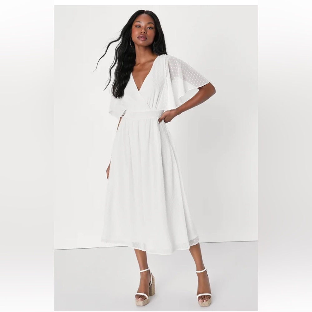 Lulus Transcendent Class White Swiss Dot Flutter Sleeve Midi Dress